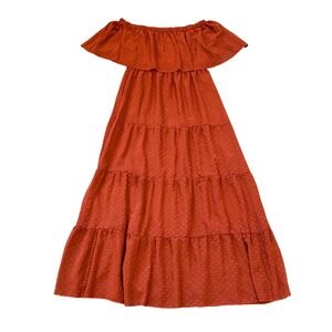 Kirundo Rust Orange Swiss Dot Off the Shoulder Tiered Maxi Dress NWT